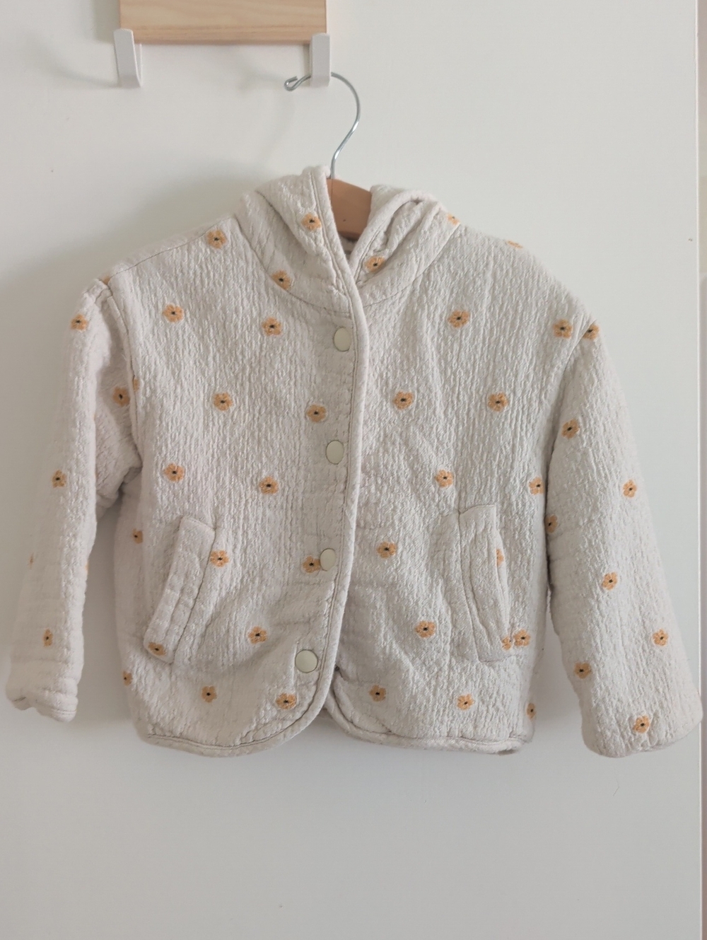 Zara Cream Quilted Hooded Kids Puffer with Yellow Flower Dots